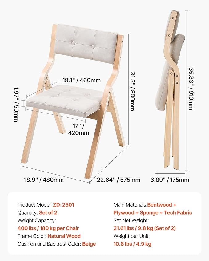 VEVOR Wooden Folding Chairs with Cushion, Set of 2, Portable Foldable Cushion Chair with Wooden Frame, Modern Padded Dining Chair for Kitchen, Office, Wedding, Party, Dining Room, Easy Assembly, Beige