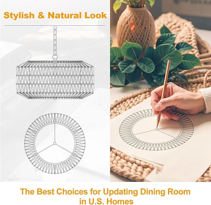 Farmhouse Chandelier Light Fixture, 5-Light Rattan Boho Chandeliers for Dining Room, Hand Woven Pendant Light with Linen Shade, Rustic Hanging Lighting for Kitchen Island, Bedroom (Bulb Not Included)