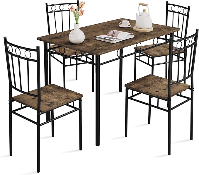 Vipbear Kitchen Dining Table Set for 4, 5-Piece Kitchen Table Set,Dining Room Table Sets,Rectangular Kitchen Table Set with 4 Chairs for Small Space, Dinette,Apartment, Rustic Brown