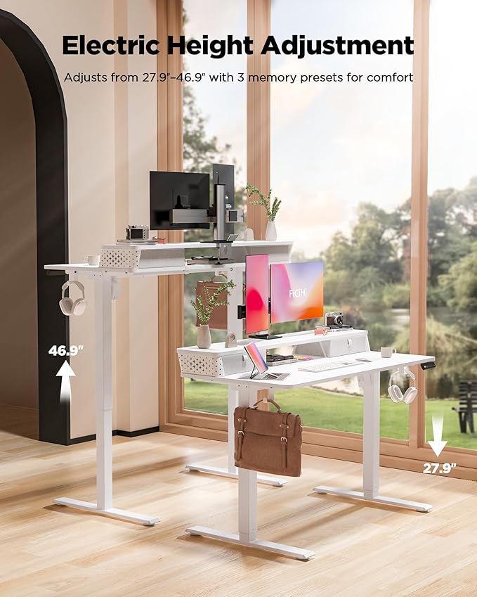 48x24 Inch Standing Desk with Double Drawers, C-Clamp Mount Compatible, Electric Adjustable Height Computer Stand Up Desks, Home Office Sit Stand Table with 3 Preset Heights & 2 Hooks, White