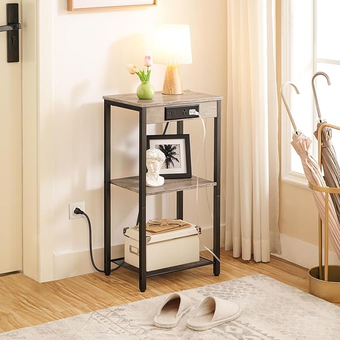 HOOBRO Tall End Table with Charging Station, 30 Inch Tall Nightstand, 3-Tier Side Table with Storage Shelves, for Living Room, Bedroom, Hallway, Greige BG09UDH01G1