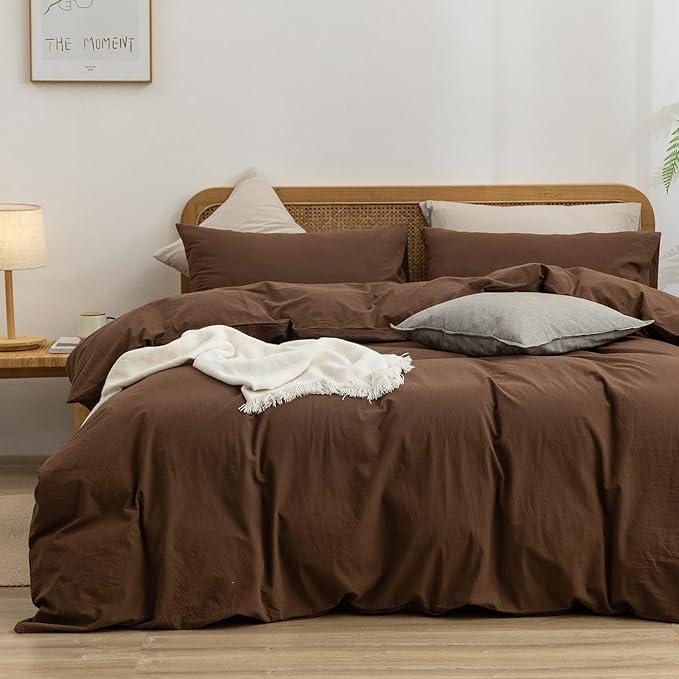 BESTOUCH Duvet Cover Set 100% Washed Cotton Linen Feel Super Soft Comfortable Chic Lightweight 3 PCs Home Bedding Set Solid Cocoa Brown Oversized King
