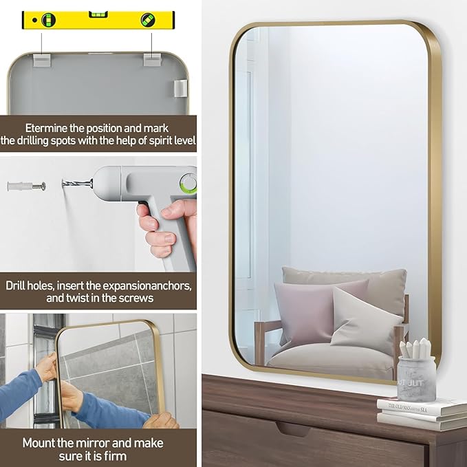 Gold Mirror, 22x30 Inch Gold Rectangle Mirror, Aluminum Alloy Framed Vanity Mirror, Rounded Rectangle Bathroom Mirror for Over Sink, Anti-Rust Wall Mirror (Horizontally or Vertically)