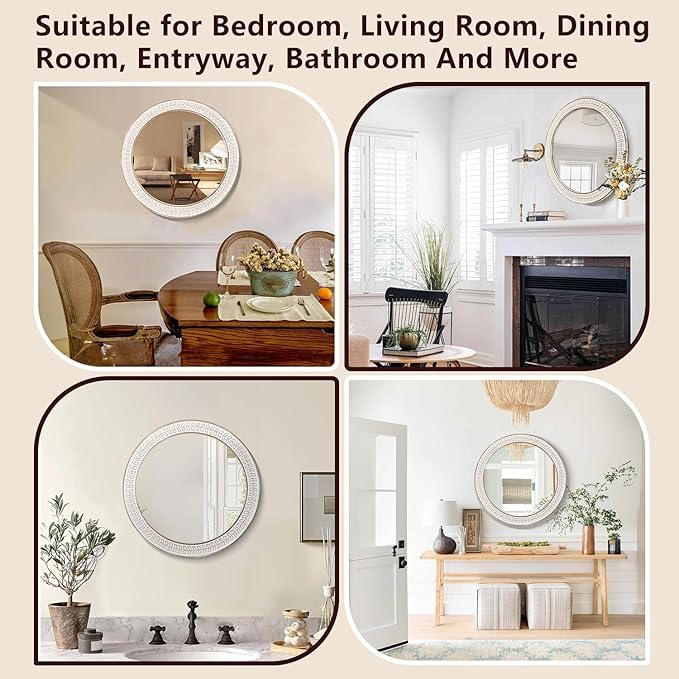 24 inch Round Rustic Wooden Mirrors, Distressed Circle Mirror for Bathroom, Bedroom, Living Room, Entryway, Fireplace, Hall