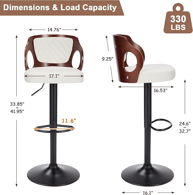 VECELO Bar Stool Set of 4, Kitchen Island Stools with Bentwood Back,Arm&Footrest,Island Chairs Adjustable Height PU Leather Cushion Seat,360°Swivel Stools for Kitchen Counter,Club Pub,Pearl White