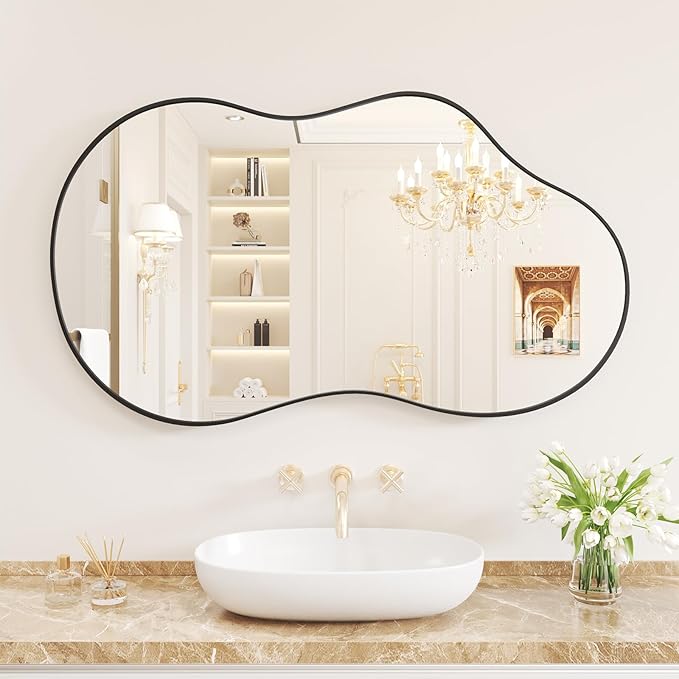 WEER Irregular Wall Mirror, 20x36 inch Black Asymmetrical Mirror Wall Mounted Mirrors Decorative, Abstract Wavy Aluminum Alloy Frame Mirror for Bathroom, Bedroom, Living Room, Entryway