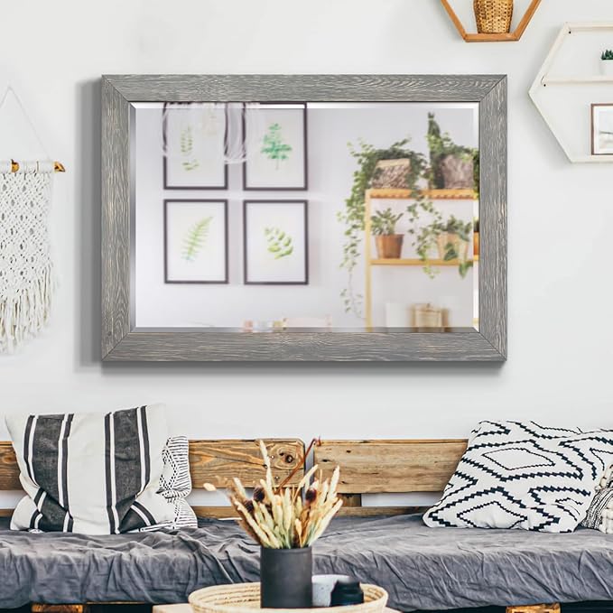Gray Rustic Mirror Rectangular Barnwood Framed Wall Mirror for Home Decor, Vertical or Horizontal Hanging, 41x29