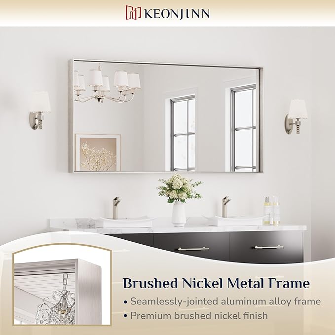 Keonjinn 55 x 30 In Brushed Nickel Bathroom Mirror for Wall, Rectangular Metal Framed Large Silver Vanity Mirror for Over Sink Square Corner Aluminum Alloy Modern Rectangle Mirror(Horizontal/Vertical)