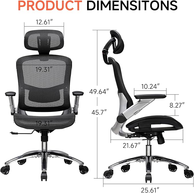 COMHOMA Big and Tall Ergonomic Mesh Office Chair, High Back Home Desk Chair Computer Gaming Chair with Headrest, Flip-Up Arms, 90-125° Tilt Lock and Wide Cushion, Task Chair for Man Woman- Black