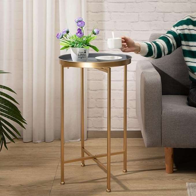HollyHOME Small Round Metal Waterproof End Table, Accent Indoor&Outdoor Coffee Side Table, Snack Sofa Table for Living Room, Anti-Rust Decorative Plant Stand, (D) 14.5" x (H) 25", Gold/Grey