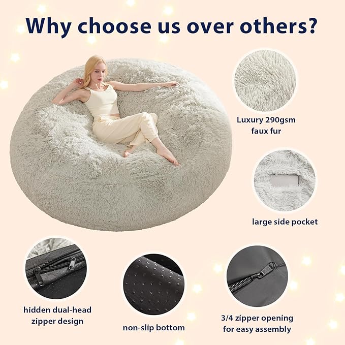 Bean Bag Covers Only, Fluffy Stuffed Beanbag Chair Covers No Filler, Washable Bean Bags Cover for Adults, Stuffed Animal Bean Bag Anti-Slip, 6FT, Light Grey