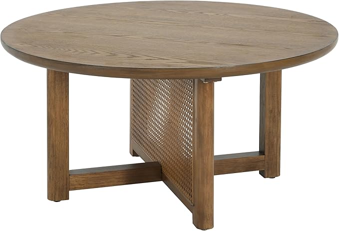 Christopher Knight Home Kiaya Round Coffee Table with PE Woven Design, Wood Coffee Tables for Living Room, Stylish Indoor Round Table, Easy Assembly, Versatile Living Room Furniture, Natural Brown