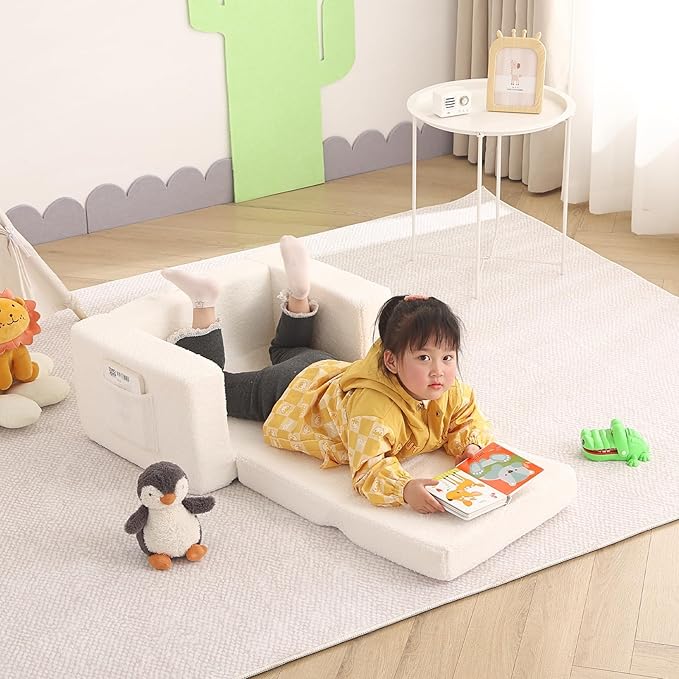Welnow Toddler Chair, 2-in-1 Soft Sherpa Kids Sofa, Convertible Toddler Couch Lounger, Flip Out Kids Couch Chair with Side Pockets & Removable Cover for Girls and Boys, Beige