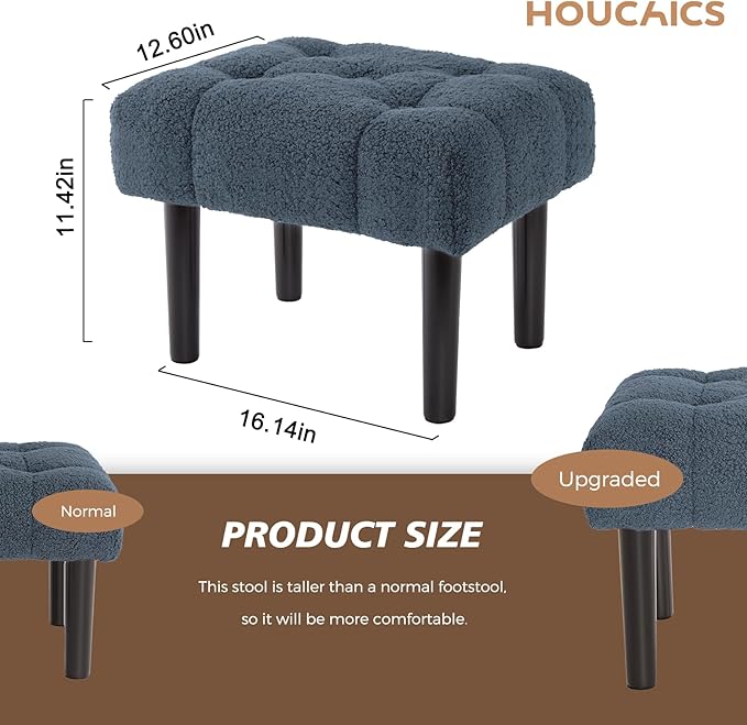 HOUCHICS Fur Padded Foot Stool, Small Ottoman Foot Rest with Wooden Legs,Modern Rectangle Chair Foot Rest Foot Step Stool for Living Room, Couch, Desk（Blue）