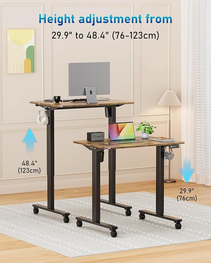 Small Height Adjustable Electric Standing Desk, 31.5" x 23.6" Sit Stand up Desk with Splice Board, Ergonomic Rising Computer Home Office Desk Table with Memory Preset, Black Frame/Rustic Brown Top