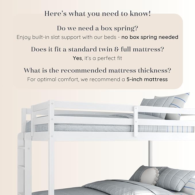 Grain & Grove Bear Twin Over Full Bunk Bed, Sturdy Bunk Bed Frame for Kids, Plywood Bunk with Ladder, Guardrail, and Slats, No Box Spring Required, Brushed White