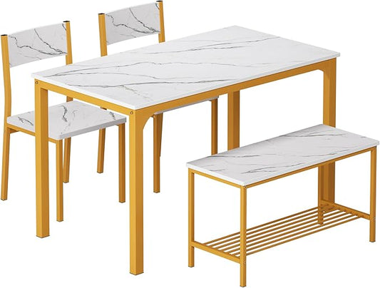 SogesHome 4-Piece Dining Table Set for 4 - Space-Saving Kitchen Set with Bench and Chairs, Ideal for Restaurants and Coffee Shops, Golden