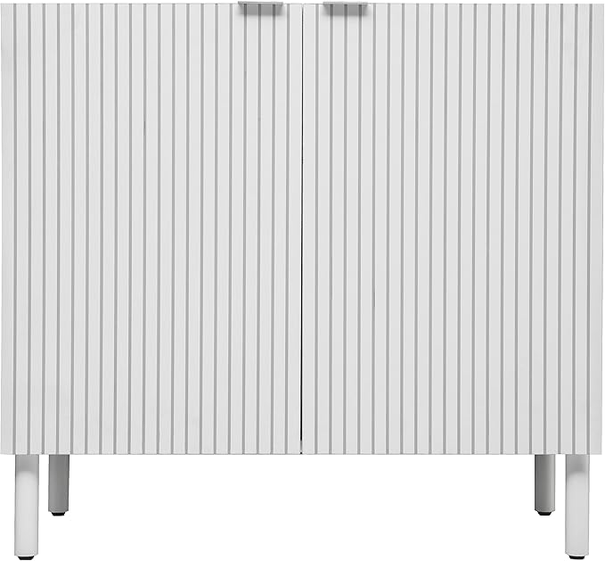 Sango Merk 2-Door Cabinet, Modern White Storage Cabinet with Vertical Groove Doors, Adjustable Shelf, Cylindrical Wood Legs, Discreet Metal Finger Pulls, Stylish Furniture for Living or Dining Room