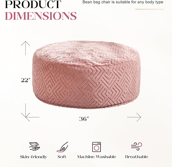 Hobestluk Bean Bag Chairs Adults Beanbag Chair with Filler Large Bean Bags with Fluffy Embossed Cover, Giant Bean Bag Chairs for Adults (Pink, 3FT - 36” x 36” x 22”)