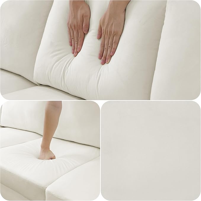 L Shape Sofa with Chaise, 4 Seat Living Room Sofa Set with Golden Wooden Leg, Sectional Couch with Fluffy Fabric, for Living Room, Apartment, Off-White