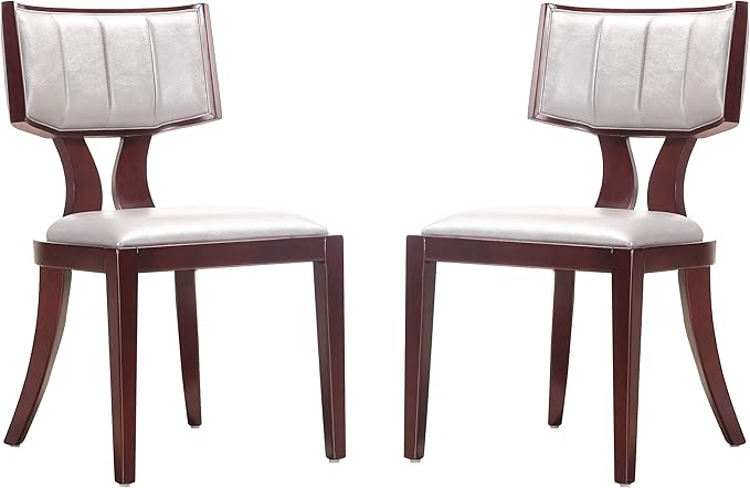 Manhattan Comfort Pulitzer Faux Leather Dining Chairs Set of 2, Solid Beech Wood with Walnut Finish, Iconic Greek Design, Fully Assembled Accent Kitchen Furniture, Silver