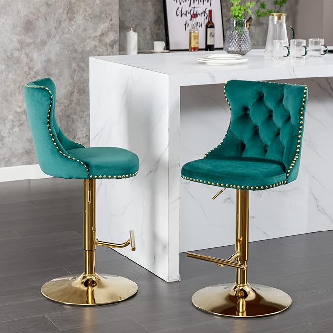 PacknWood Acosure Golden Swivel Velvet Bar Stools Adjusatble Seat Height from 25-33" with Backs Comfortable Tufted,Modern Upholstered Furniture Chairs W/for Home Pub Kitchen,Green,Set of 2