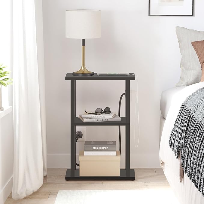 TUTOTAK Small Narrow Side Table with Charging Station, Set of 2 Skinny End Table for Small Spaces, Slim Nightstand with USB Ports and Outlet,Sofa Beside Table with Wheels, Black TB01BK047