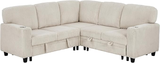 Ball & Cast Modular Sectional Sleeper Sofa Bed,L-Shaped Couch W/Pull Out Bed and USB Charging,Cupholders&Storage Seats,Convertible Sleeper Sofa Beds for Living Room,Apartment,Corduroy Fabric,Beige,81"