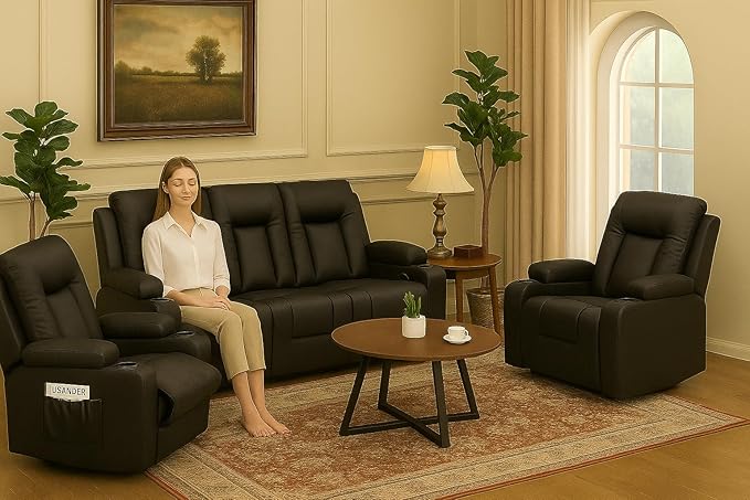 LUCKLIFE Leather Recliner Sofa Set with Manual Recliners,Living Room Furniture Set with Reclining Couch,Loveseat and Armchair,Living Room Chair with Cup Holders,Black (3+1+1)