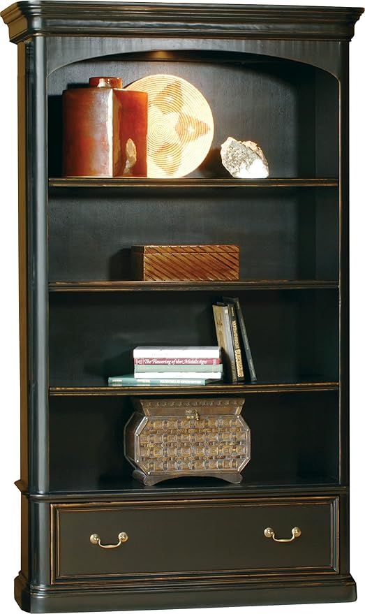 Hekman Furniture Louis Philippe Executive Center Bookcase – Tall Illuminated Wooden Bookcase Adjustable Shelves File Drawer & Glass Shelf Classic Distressed Finish for Office & Library