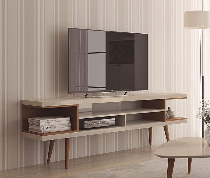 Manhattan Comfort Utopia 70.47" Freestanding Entertainment Center for Living Room, Mid Century Modern TV Stand with Shelves, Storage and Media Holes, Fits 65" Screens, Maple Cream