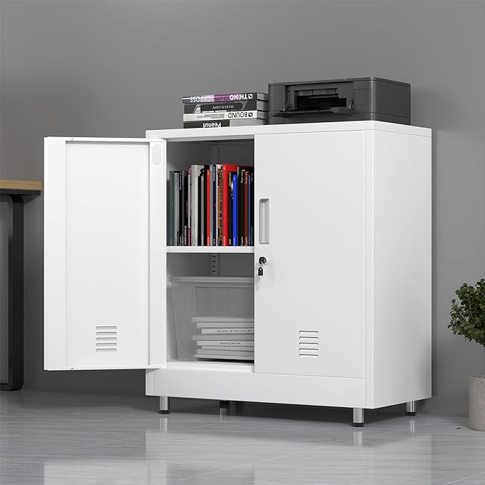 Metal Storage Cabinet with Locking Doors and Adjustable Shelf, Small Lockable Sideboard Buffet Cabinet for Home Office Hallway Entryway Living Dining Room (White)
