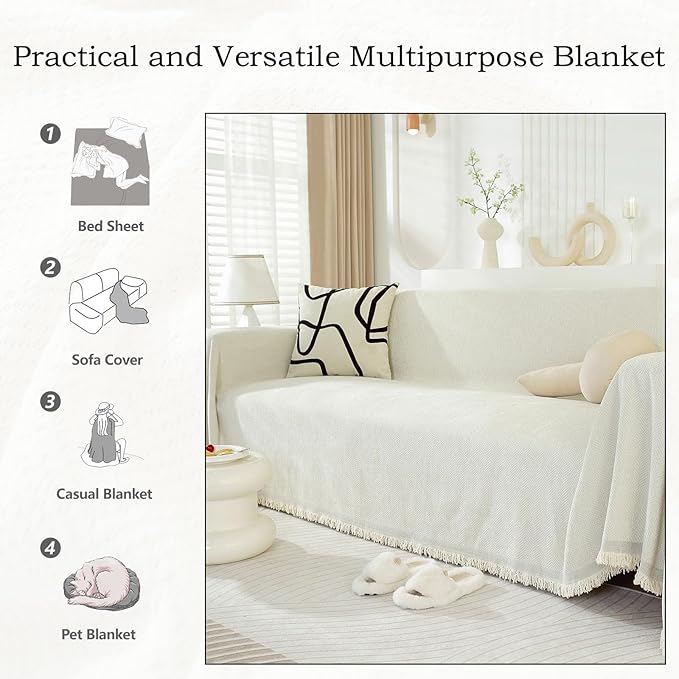 STACYPIK Modern Beige Couch Covers for Dogs Cats Thick Chenille Ivory White Sofa Cover Sofa Slipcover Furniture Protector for 3 Cushion Couch with Tassel Non-Silp Futon Cover Sofa Protector-71X150IN
