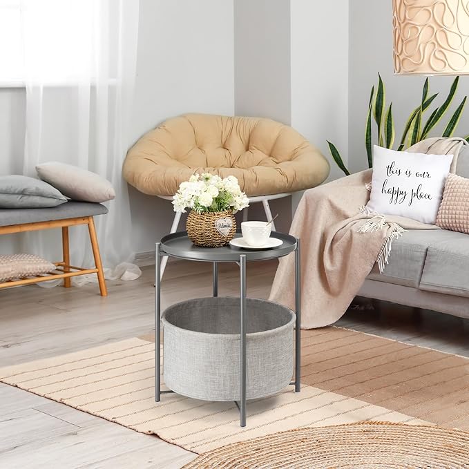 danpinera Round Side Table with Fabric Storage Basket, Metal Side Table Small Bedside Nightstand with Removable Tray Top for Living Room, Bedroom, Nursery, Laundry, Gray