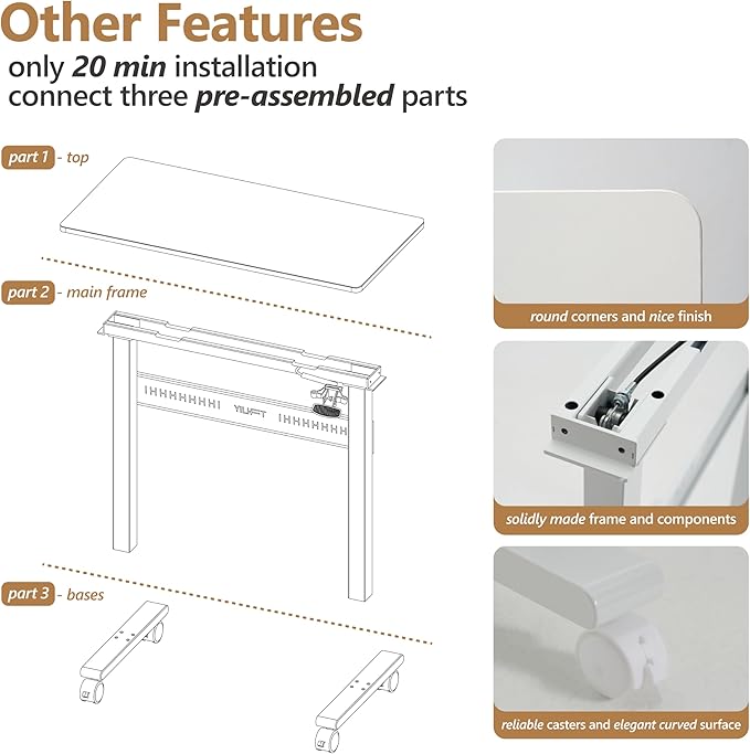 Non-Electric Auto-Lifting Standing Desk, No Knobs or Crank, Cordless, Rolling and Mobile, Great for Walking Pad, Adjustable Height 28.1'' to 43.3'', Desktop Size 31.5'' by 15.7'', Color White