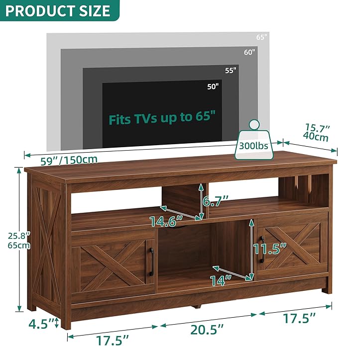 YITAHOME TV Stand for 65/55 Inch TV, Farmhouse Entertainment Center with Storage, Power Outlets and Open Shelf, Media Console TV Cabinet for Living Room, Walnut