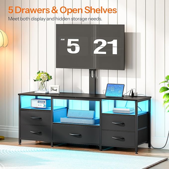 HOOBRO TV Stand with Mount and Power Outlet, for 32/45/55/60/65 inch TVs, Swivel Led Entertainment Center with Drawers, Adjustable Media Console for Living Room, Bedroom, Black BB130UDDS01