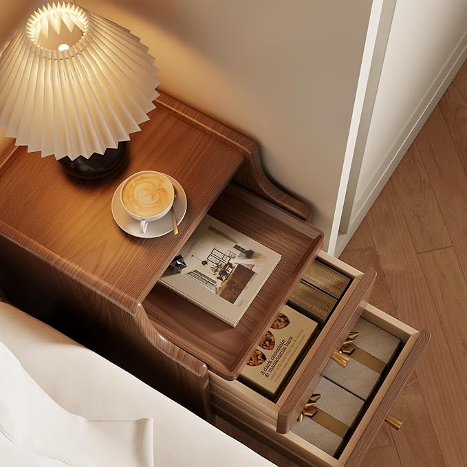 Wood Nightstand, Walnut Nightstand with 2 Drawers, Bedside Table for Bedroom