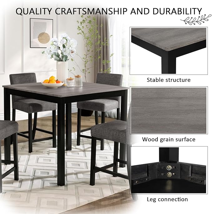 KEIKI 5-Piece Counter Height Dining Table Set with Square Table and 4 Upholstered Curved Backrset Chair, for 4 Person, Modern Wooden Table Set, Easy Assembly, for Kitchen, Dining Room, Black+Gray