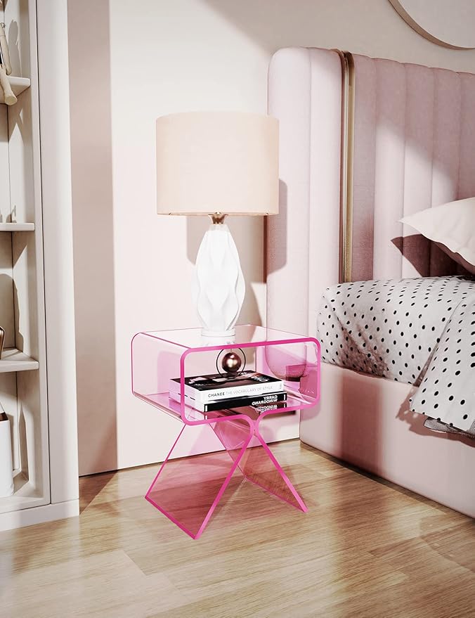 Acrylic Nightstand Side Table Modern Design Clear Home Decor Display End Table for Living Room (Pink)