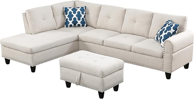 Ball & Cast 98" L Shaped Sectional Couch for Living Room with Storage Ottoman & Nailhead Trim,4 Seat Linen Upholstered Modular Sectional Sofa Set 3 PCS W/Chaise & Cup Holders,for Home,Office,Beige