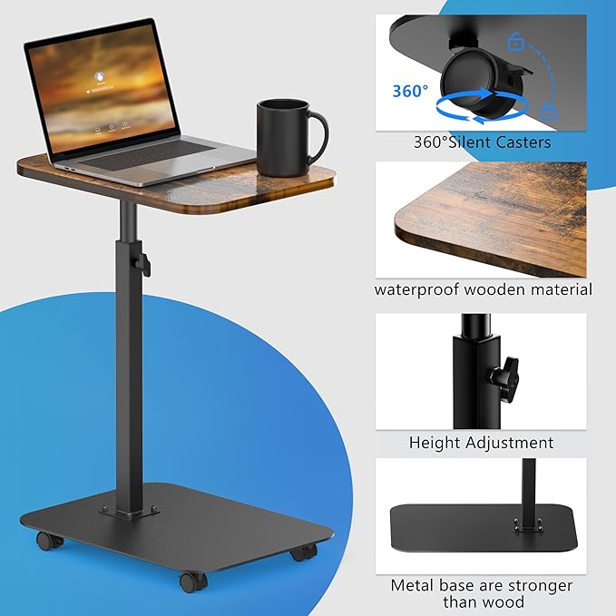 TV Tray Table Heavy Metal Base with Wheel Swivel/Adjustable Height Couch Table, Sofa Arm End Side Table for Living Room and Bedroom, Bed or Small Spaces