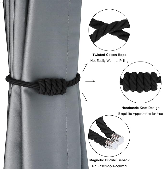 BEL AVENIR Magnetic Cotton Curtain Tiebacks, Decorative Drapery Holdbacks Modern Woven Tie-Backs with Exquisite Knot (Black Cotton, 2 Pack)