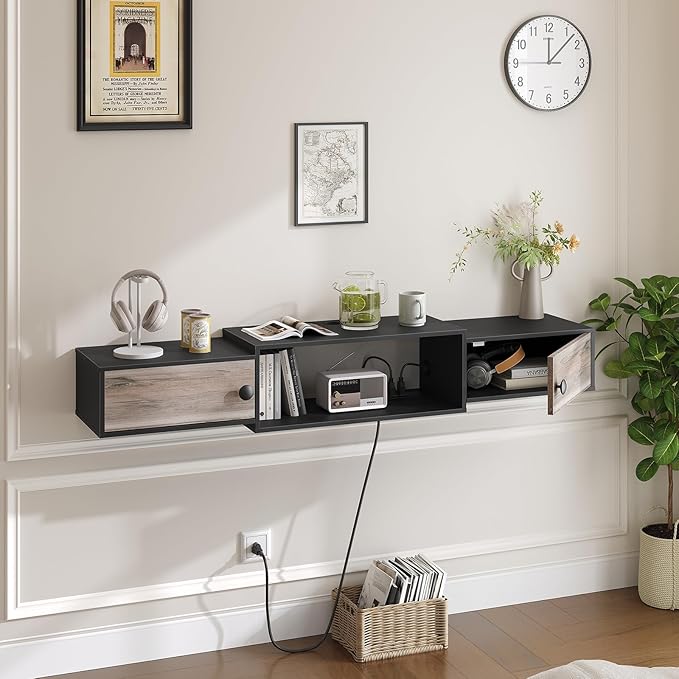 HOOBRO 55" Floating TV Stand with Power Outlets, Modern Wall Mounted Media Console Shelf with Doors, Entertainment Center for Under TV Storage, for Living Room, Bedroom, Greige and Black BG11UDS01