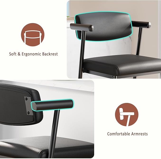 GarveeHome Counter Height Bar Stools of 4 with Armrests, 4 Piece Counter Height Bar Stools Set with Wood Back, Upholstered Seat & Metal Footrest for Kitchen Islands, Counter Bars, Retro Black