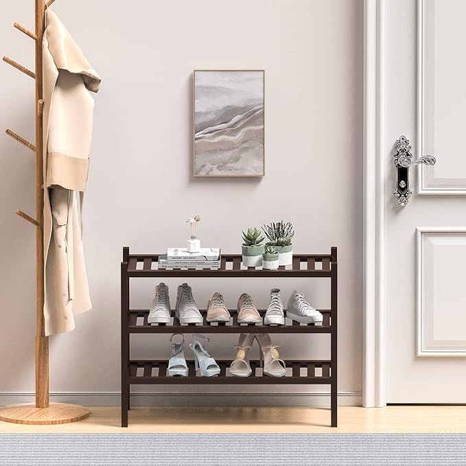 3 Tier (Thick) Bamboo Shoe Rack for Closet Free Standing Wood Shoe Shelf for Entryway Small Space Stackable 27"x12"x21" (Black Brown)