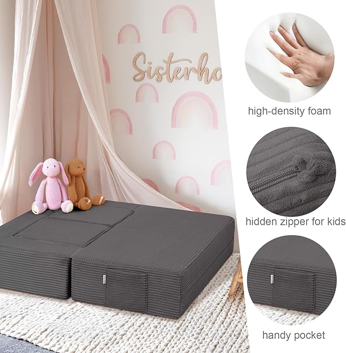 MeMoreCool Modular Kids Couch, Corduroy Play Toddler Couch for Bedroom Playroom Furniture, Convertible Foam Kids Sofa Bed, Fold Out Baby Sofa for Girl Boy, Dark Grey