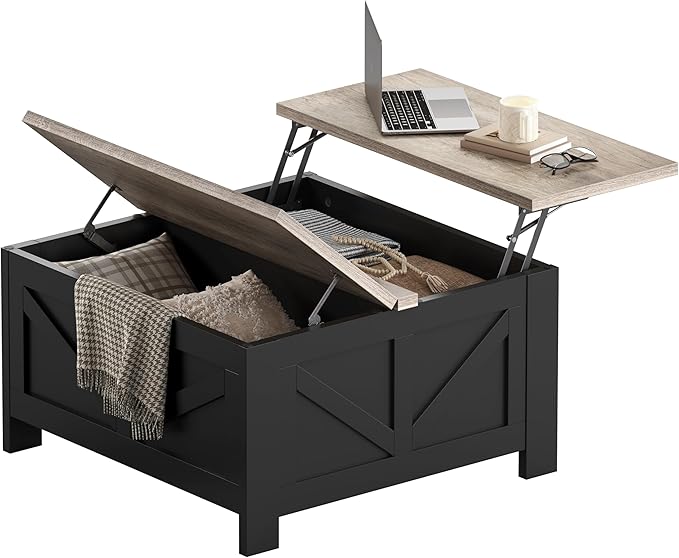 Yaheetech Lift Top Coffee Table with Storage, Square Coffee Table for Living Room, 31.5 Inches Center Tables with Large Hidden Storage Compartment for Home Office, Black&Gray