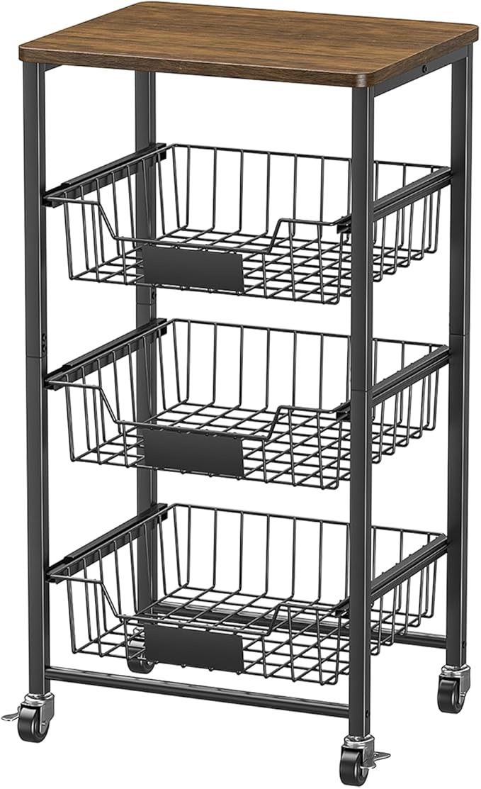 Kitchen Storage Cart with Wheels, 4-Tier Metal Utility Rolling Cart Fruit Vegetable Storage Basket Pantry Rack with Wood Top & Pull Out Baskets for Kitchen, Livingroom, Diningroom, Office