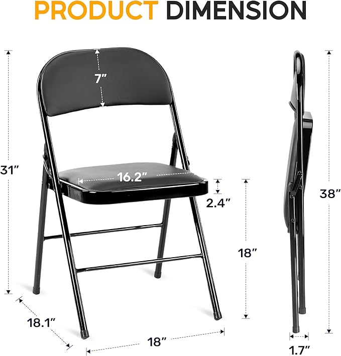 HealSmart 2 Pack Folding Chairs with Padded Leather Cushion Seats, Sturdy Metal Frame, Stackable Portable Design for Indoor Outdoor Use, Commercial Event Party Office Home Chairs, Black